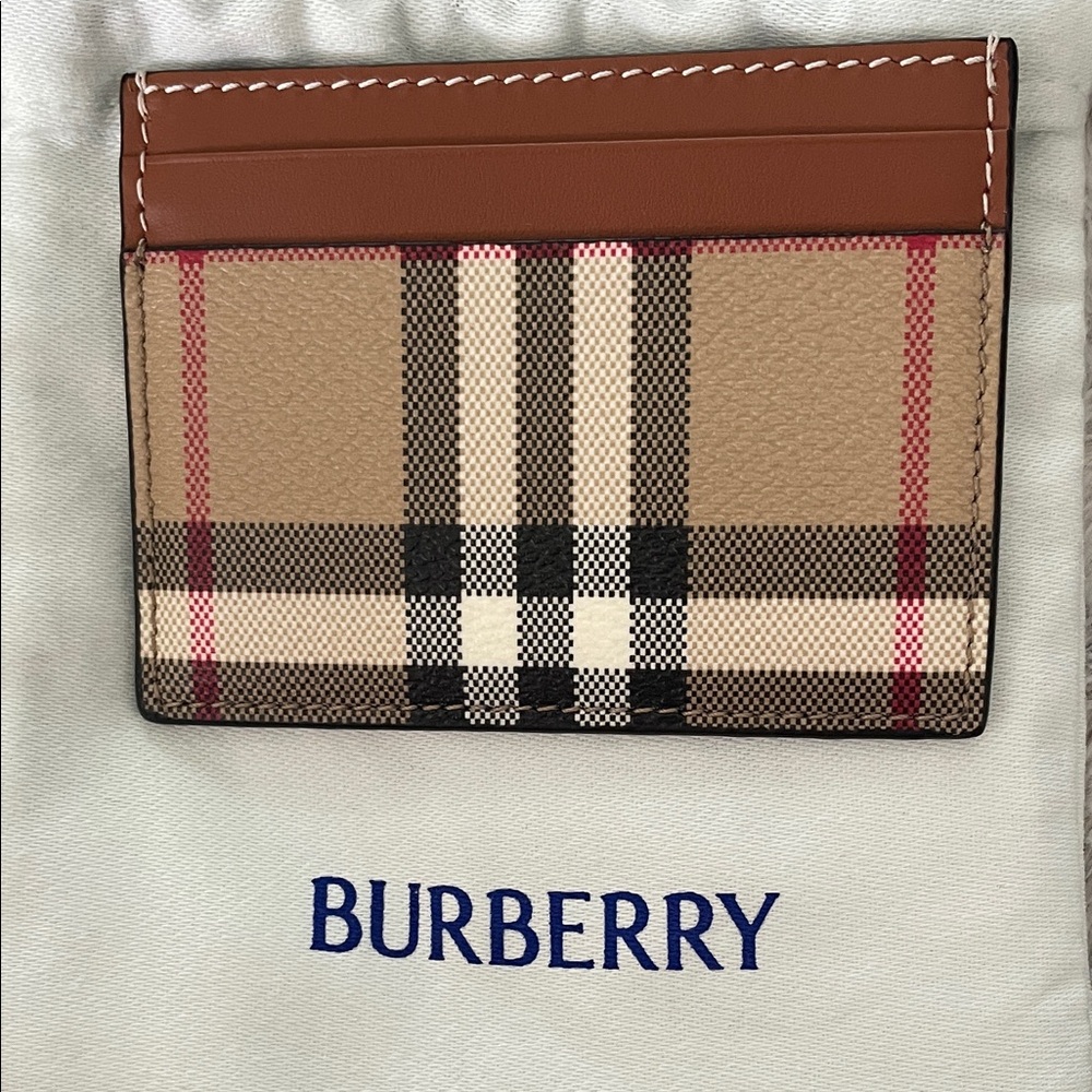 Burberry Tan & Brown Nova Check Card Holder with Red Accents